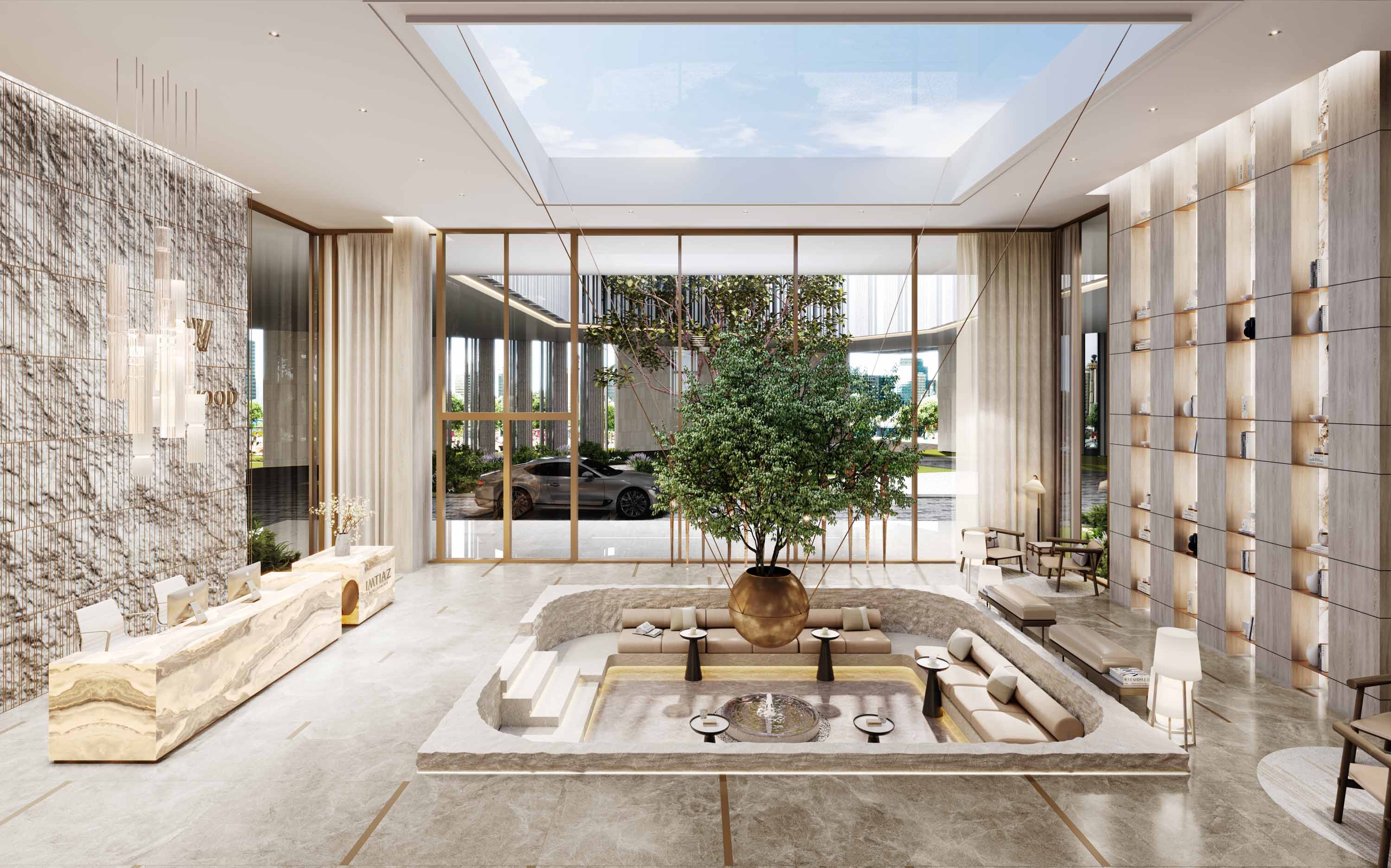 Wynwood Horizon By Imtiaz Modern lobby with a central tree, elegant seating, stone walls, and large glass windows letting in natural light.
